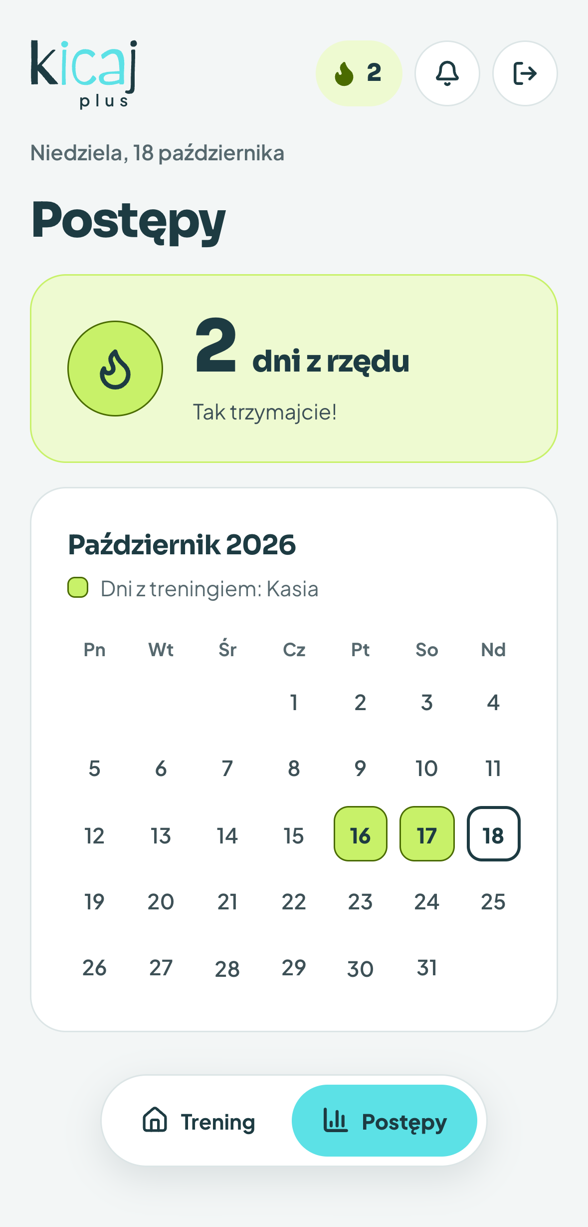 Ekran postępów z serią dni i kalendarzem