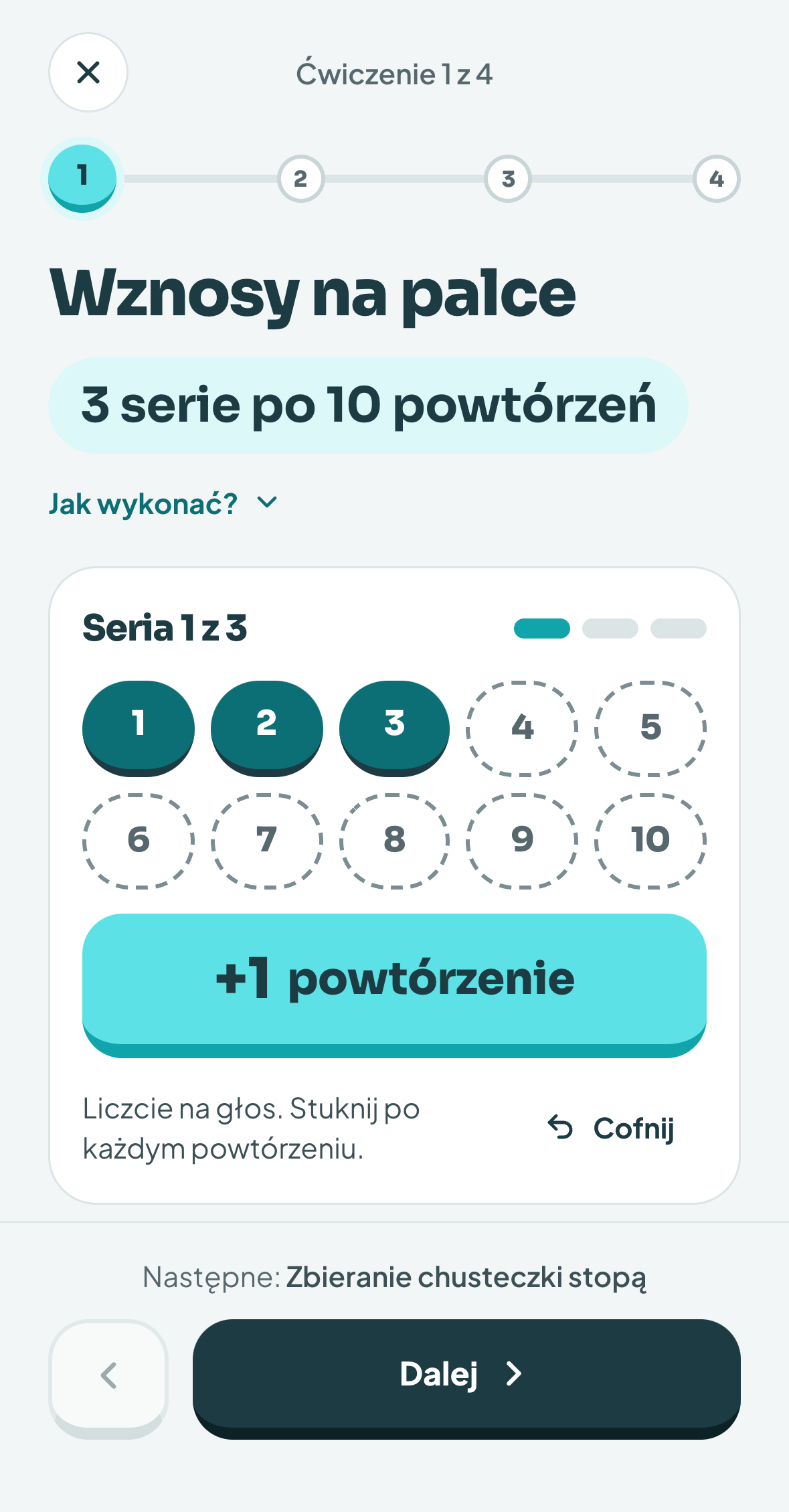 Ekran ćwiczenia z licznikiem serii i powtórzeń